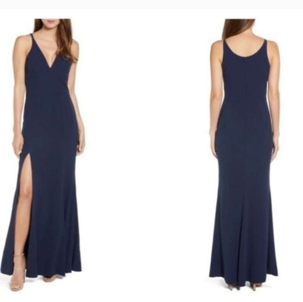 Dress The Population women’s Midnight Blue Iris Slit Crepe Gown Size Large